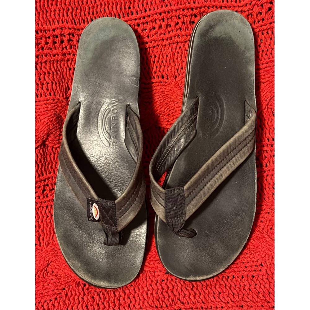 Rainbow Sandals Women Black Single Layer Leather Flip Flops Thong Sandals Sz 8